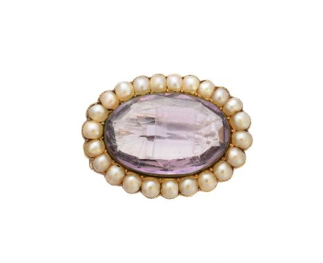 An amethyst and split pearl brooch, the oval shape amethyst within a split pearl surround, length 2.7cm, gross weight 5.8g.Co