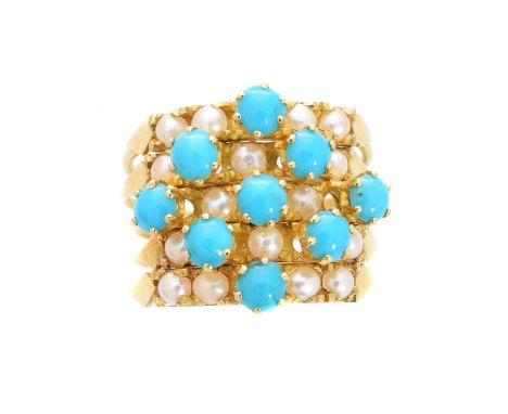 A turquoise and split pearl multi-hoop ring, comprising five bands set with circular turquoise cabochons and split pearls, st