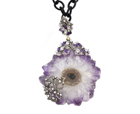 A vari-gem geode pendant, the circular geode slice within an asymmetric openwork diamond, 'yellow' diamond, amethyst and colo