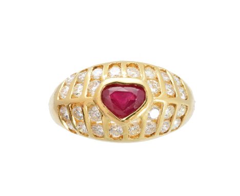 A ruby and diamond dress ring, the heart shape ruby within a brilliant-cut diamond surround, estimated total diamond weight .