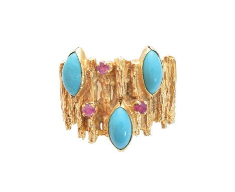 An 18ct gold turquoise and ruby band ring, of abstract design, the marquise shape turquoise cabochons and circular shape rubi