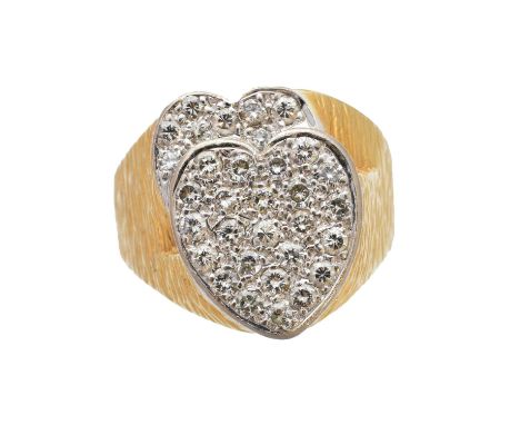 A 1970s 18ct gold diamond dress ring, designed as a pair of pavé set diamond hearts, with textured and tapered sides, estimat