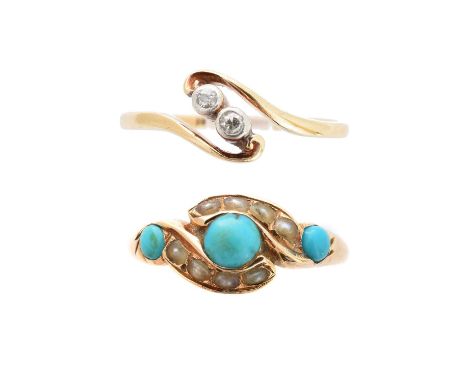 Two gem set dress rings, to include a diamond crossover ring together with a turquoise and split pearl dress ring, one stampe