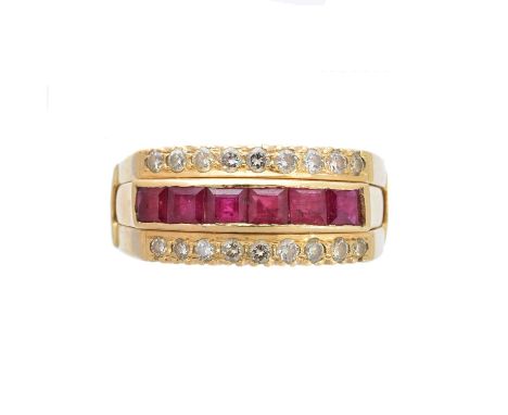 A ruby and diamond interchangeable band ring, the central square shape ruby band, with brilliant-cut diamond band attachment,