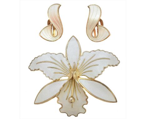 A selection of silver and enamel jewellery by Aksel Holmsen, to include a brooch designed as an orchid together with a pair o