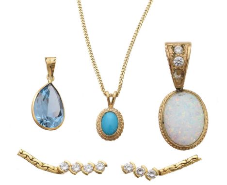 A selection of jewellery, to include a turquoise pendant, a 9ct gold synthetic opal and cubic zirconia pendant, a synthetic s