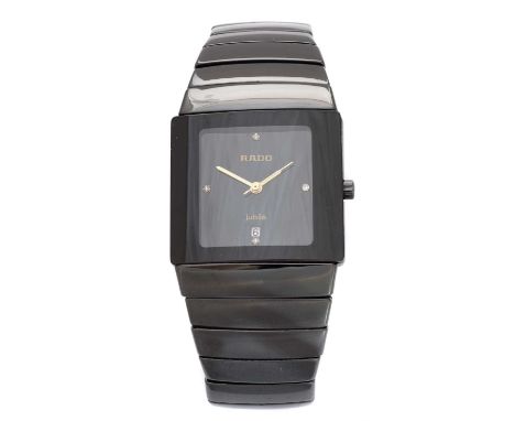 A Rado black high-tech ceramic quartz gentleman's Jubile bracelet watch, model 152.0332.3, the plain black dial with quarterl