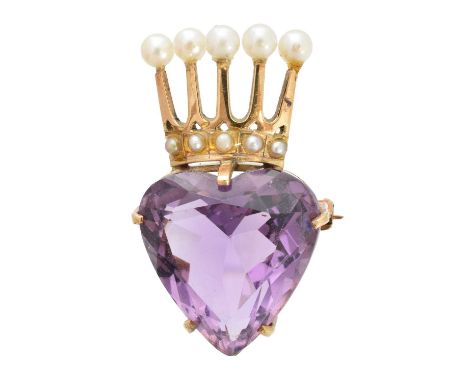A 9ct gold amethyst and pearl brooch, the heart shape amethyst with a split pearl and cultured pearl coronet surmount, hallma