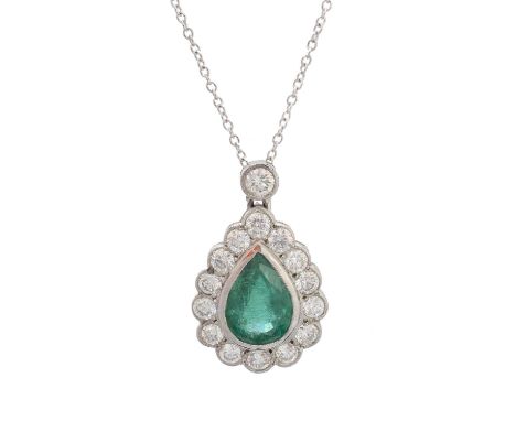 An emerald and diamond necklace, the pear shape emerald within a brilliant-cut diamond scalloped surround, with similarly cut