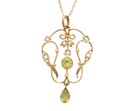 An early 20th century garnet topped doublet and split pearl pendant, the circular and pear shape green garnet topped doublets