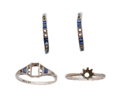 A selection of jewellery components, to include a sapphire and diamond ring mount, a solitaire ring mount and a pair of sapph