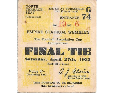 1935 FA CUP FINAL SHEFFIELD WEDNESDAY V WEST BROMWICH ALBION TICKET
Slight marks, good for age