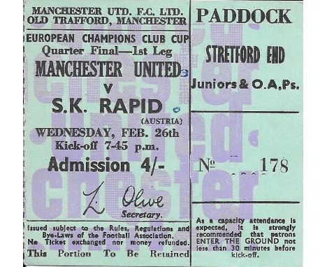 1968-69 MANCHESTER UNITED V S.K RAPID EUROPEAN CUP TICKET
Fold &amp; score neatly noted