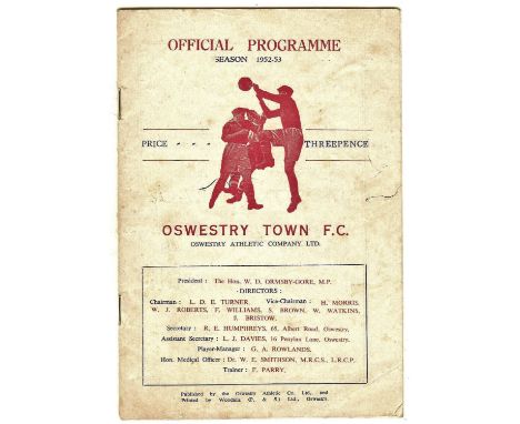 &nbsp;1952/53 OSWESTRY TOWN V LYE TOWN. BIRMINGHAM LEAGUE
Light fold and small biro mark on cover, otherwise very good. 