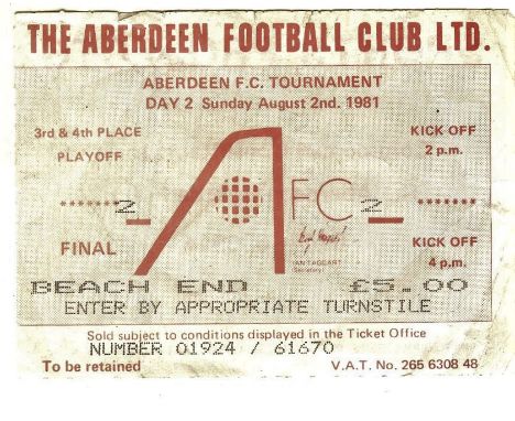 1981 ABERDEEN TOURNAMENT 3RD/4TH PLACE MANCHESTER UNITED V WEST HAM TICKET
Match day folds