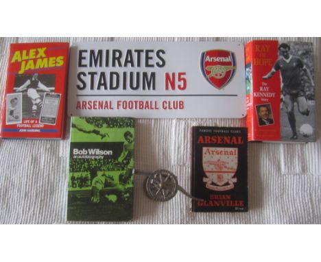 ARSENAL F.C. SILVER PLATED CANNON + BOOKS &amp; METAL STREET SIGN
Interesting lot.  