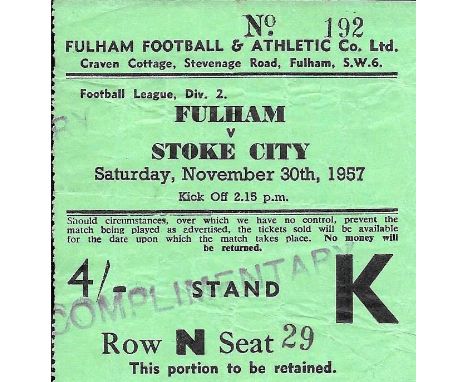 1957 58 FULHAM V STOKE CITY TICKET
Very slight folds