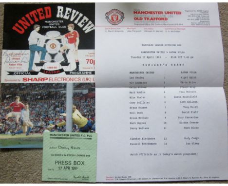 1989-90 MANCHESTER UNITED V ASTON VILLA - PROGRAMME, TEAMSHEET, PRESS TICKET &amp; D.LAW AUTOGRAPH
Programme autographd on co
