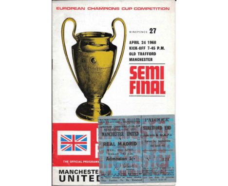 1968 EUROPEAN CUP S/F MANCHESTER UNITED V REAL MADRID - PROGRAMME, TICKET &amp; G.BEST AUTOGRAPH
Programme missing token
Tick