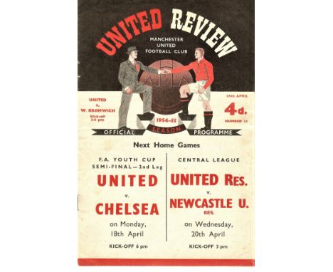 1954/55 MANCHESTER UNITED V WEST BROMWICH ALBION
Light fold and team changes noted in pencil. 