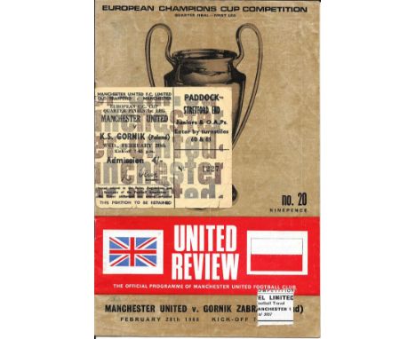 1967-68 MANCHESTER UNITED V GORNIK ZABRZE PROGRAMME &amp; TICKET
Programme - Token missing
Ticket - Folds &amp; small nicks t