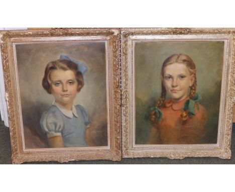 Wolfgang Craig Hainisch (1905-1995) - pair of oils -  Half length portraits of two young girls, one in blue with a bow in her