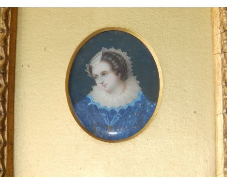A small Victorian oval watercolour miniature - Head &amp; shoulders portrait of an Elizabethan lady in blue, 1.8" high.