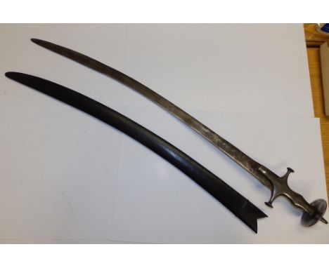 A 19thC Indian tulwar sword in scabbard, impressed marks to blade '1/1  37S 93', believed to have come from the Gwalior Arsen