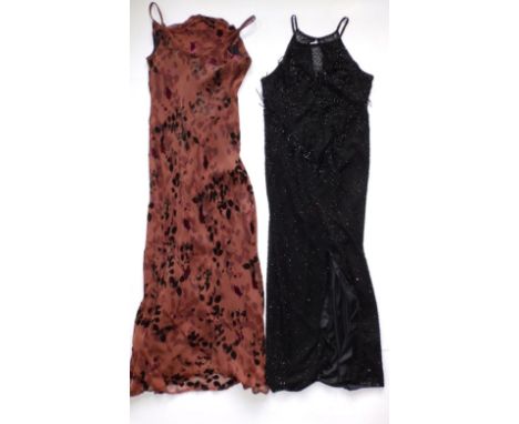 Two vintage dresses; Devore full length dusty pink gown &amp; a black beaded full length gown.