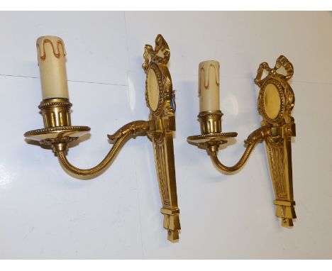 A pair of modern French ormolu electric wall light fittings in antique style, 10" high.