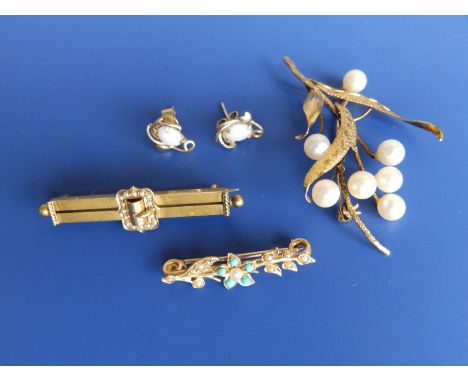 A Victorian pearl set 15ct gold bar brooch having buckle design to centre, 2", a small turquoise &amp; pearl set bar brooch, 