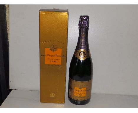 A bottle of 1996 Veuve Cliequot Ponsardian Champagne Vintage Reserve in presentation box.