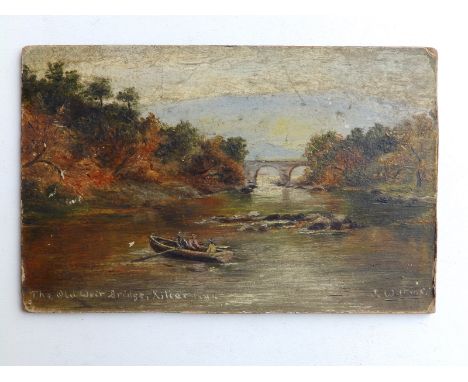 R (?) Wilkins - small 19thC oil on board - 'The Old Weir Bridge, Killarney', signed &amp; inscribed,  3.5" x 5.5" - unframed.
