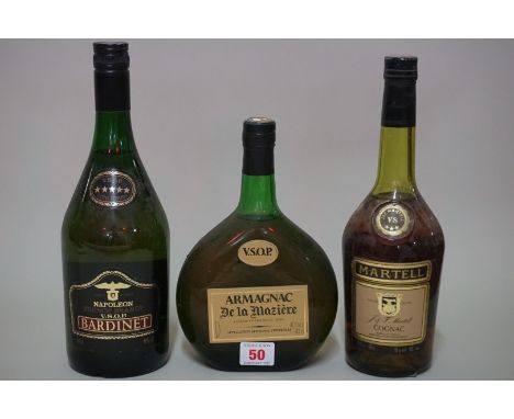 A 24 fl.oz. bottle of Martell VS cognac; together with a 1 litre bottle of Bardinet VSOP Napoleon brandy; and a 70cl bottle o