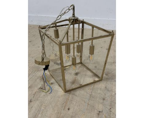 A modern brass frame hall lantern light with pendant hanging bulbs, on chain (h. 50cm x 36cm x 36cm)