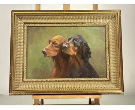 RS MM, A Portrait of two hunting dogs on green background, oil on board, initialled bottom right, in a gilt frame. (24cmx36.5