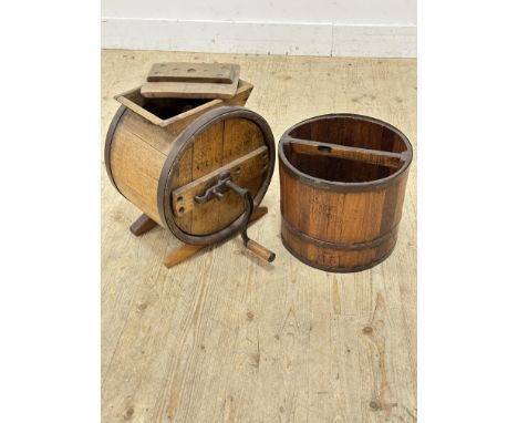 An elm coopered water container with internal handle and an oak bound butter churn (2)