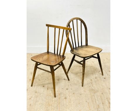 Two Ercol dark stained oak and ash kitchen chairs (tallest: h.86cm)