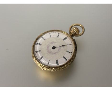 A late19thc gold J. W. Benson of Ludgate Hill London, open face pocket watch with enamel dial with a single hour hand and gla
