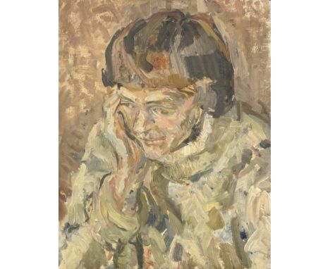 Ann Ward II, Portrait of a woman with her hand resting on her cheek with short brown hair, oil on canvas, inscribed verso, un
