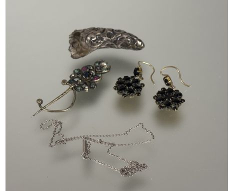 A pair of gilt metal paste set drop earrings, a silver trace link chain with barrel clasp: l. x 21cm, a gilt metal paste set 