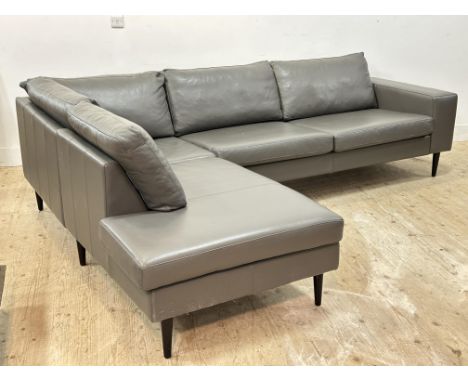 A Bo Concept grey leather L shaped modular sofa (h.70cm x full length of sofa: 275cm x return length: 206cm x w.88cm)