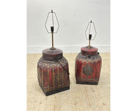 A near pair of Eastern papier mache tea caddy style lamps with canework panel sides (h. to top of lamp holder: 90cm)