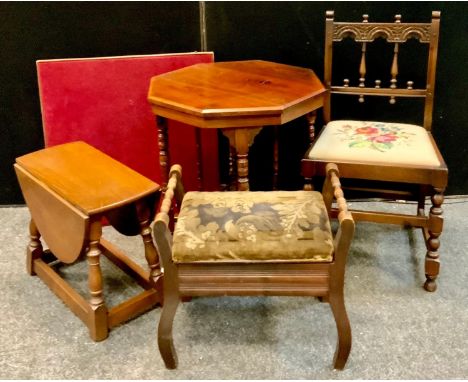 An Edwardian octagonal occasional table with under tier;  piano stool;  drop leaf coffee table card table etc (5) 