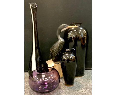 Ceramics &amp; Glass - a contemporary pottery tapering black glazed floor vase;  another smaller;  a tall black and white str