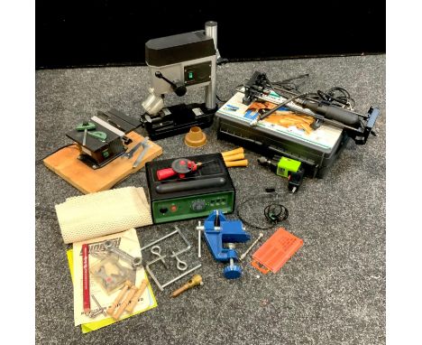 Tools - Minicraft Hobby Tools, pillar drill, table circular saw, transformer, corner drill, hand tools, etc, qty 