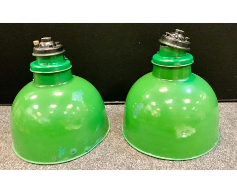 Architectural salvage - a pair of industrial Revo cast iron and enameled ceiling lights, 46cm diameter (2) 
