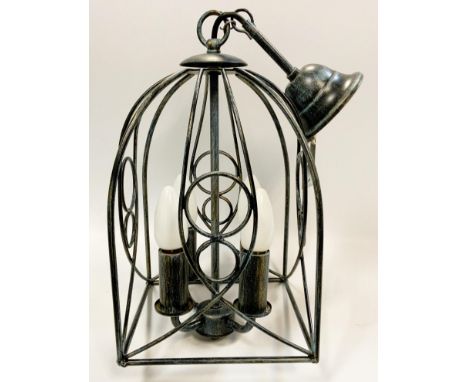 Lighting - a tubular birdcage light fitting, verdigris pattina 