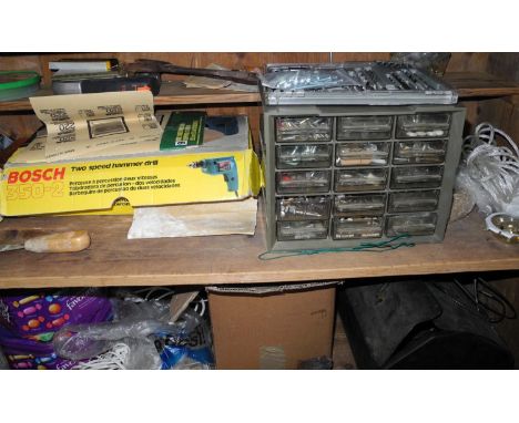 Tools - various nails, tool box, Bosch two speed hammer drill 