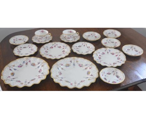 A Royal Crown Derby Royal Antoinette wavy edge dinner plates, 21cm diam, printed marks; two similar dessert dessert plates;  